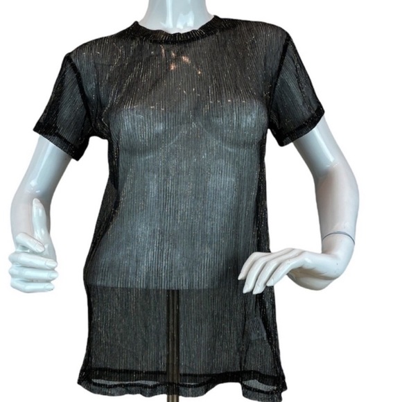 Bar III Sheer Knit Metallic Short Sleeve Crew Neck Blouse - Picture 4 of 9